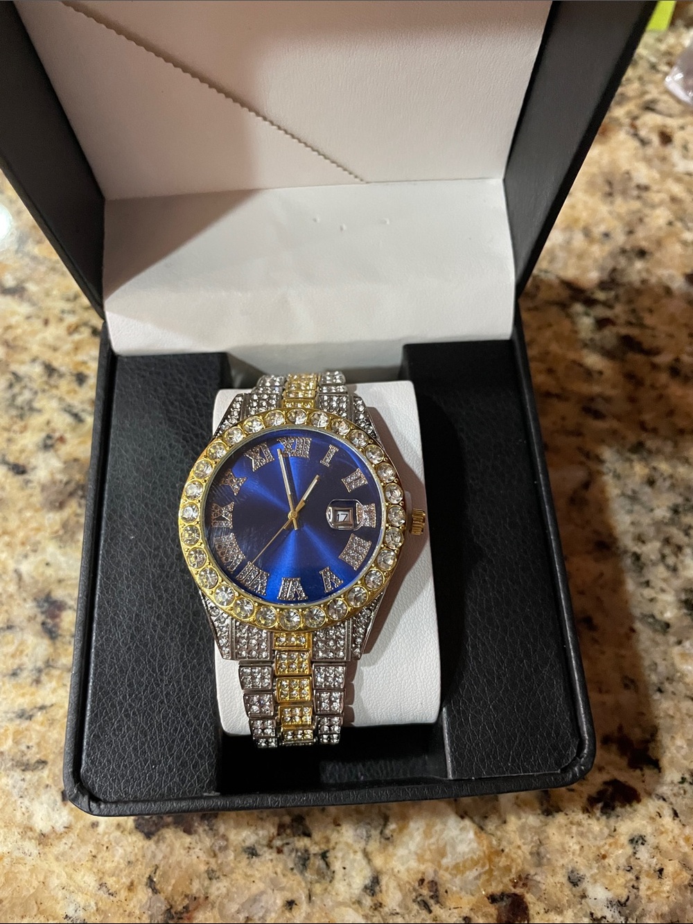Two-Tone Blue Dial Crystal Men’s Watch